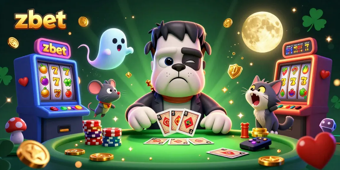 zbet's spooky casino features a Frankenstein bulldog dealing cards with visuals of slot machines.