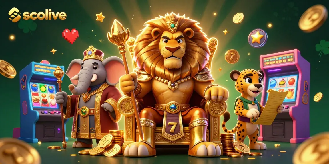 socolive showcases a vibrant casino illustration with lion king, elephant advisor, and cheetah messenger among slot reels.