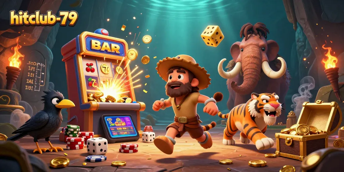 Engage with hitclub-79 for thrilling casino action featuring a caveman, tiger, and crow in a dynamic scene.