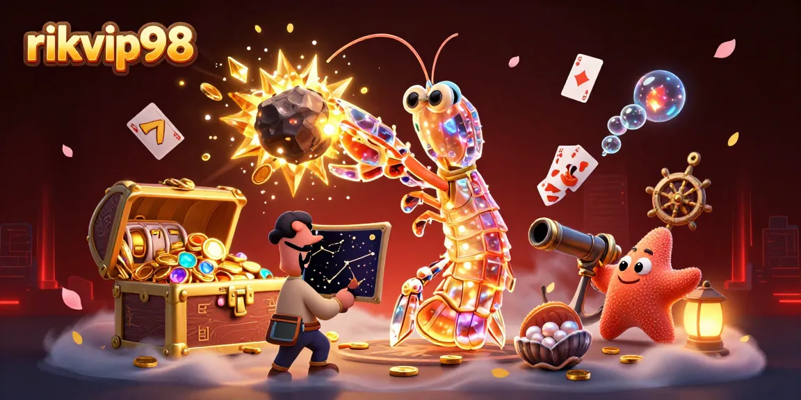 Experience thrilling wins at rikvip98 with a galactic mantis shrimp battling through golden gems in a vibrant casino scene.